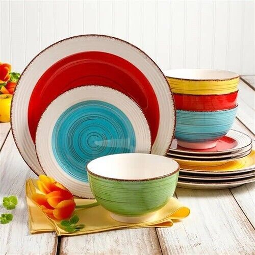 12-Piece Ceramic Dinnerware Set in Blue Red Yellow Green Beige - Service... - $96.22