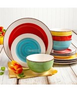 12-Piece Ceramic Dinnerware Set in Blue Red Yellow Green Beige - Service for 4 - $106.91