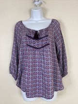 Mossimo Womens Size M Purple Mosaic Tassled Blouse 3/4 Sleeve - £8.71 GBP