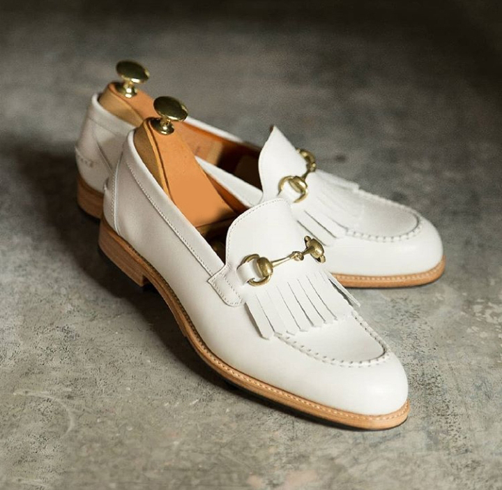 New Handmade Men Loafer Slip On Fringe Shoes, Mens White leather formal Shoes