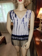 Emma G Sz L Blue/White Rayon Fringed Tie Dye Sleeveless Hippie Top Shirt Tunic - £12.39 GBP