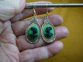 CAE1-44) Rare African American Lady Black + Green Cameo Dangle Earrings Jewelry - £18.45 GBP