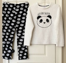 Secret Treasures Panda Embroidered FauxFur Top, Fleece Legging Pajama Set Size M - £18.98 GBP