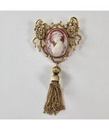 Large Cameo Brooch, Snake Accent Gold Tassel Pin - $892.67 MXN