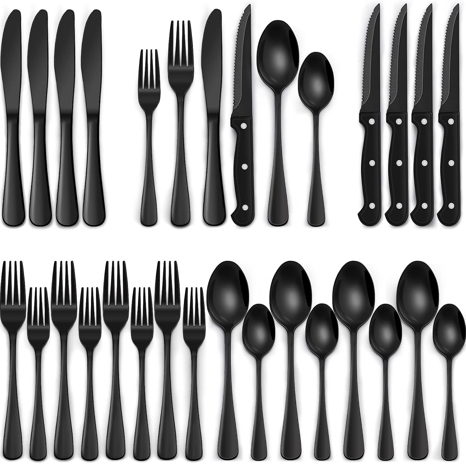 24-Piece Black Silverware Set With Steak Knives, Black Flatware Set For 4, - $39.97
