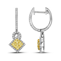 14k White Gold Round Yellow Diamond Diagonal Square Dangle Cluster Earrings - $1,799.00