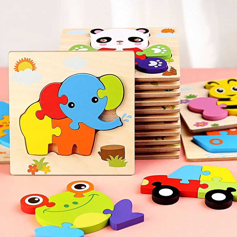 Play Baby Wooden Play 3D Puzzle Cartoon Animal Aligence  Jigsaw Puzzle Shape Mat - £23.11 GBP