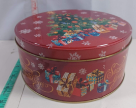 6 1/2 Inch seasons greetings Holiday Round Cookie Tin empty - £4.73 GBP