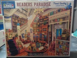 White Mountain 1000 Piece Puzzle Readers Paradise Library Bookshop Cats - $18.50