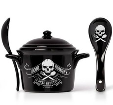 Alchemy Gothic Bone Appetit Bowl Skull Lid Spoon Black China MW DW Safe MRB3 NEW - £24.07 GBP