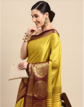 Silk Saree for Women/ Mustared Yellow &amp; Gold tone Checked Zari pure  Kanjiveram  - £43.86 GBP
