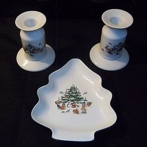 Ming Pao 3 Pc Set Woodland Christmas Tree Candy Dish 2 Candle Sticks Holders - £22.05 GBP