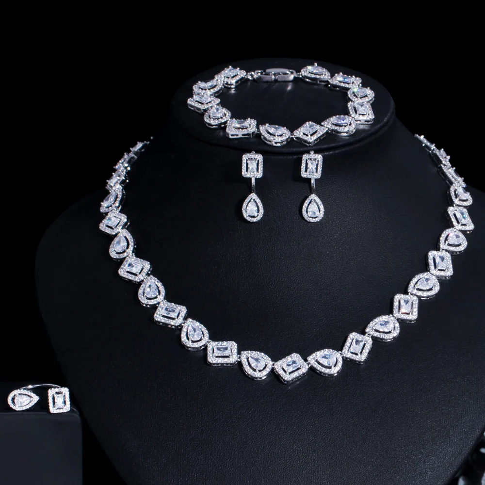 New Sparkling Square Shape Cubic Zircon 4pcs Wedding Bridal Necklace Jew... - £56.73 GBP