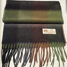 100% CASHMERE SCARF WRAP Made in England SOFT Wool Plaid Olive/Black/Gra... - £7.52 GBP