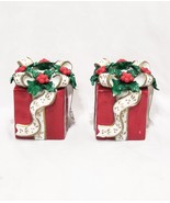 Set 2 Christmas Presents Taper Candle Holders Avon 2001 Red Porcelain 4&quot; - £23.79 GBP