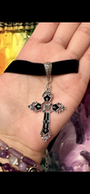 Goth Cross Velvet Choker -Silver Cross Choker Necklace Black New - £11.97 GBP