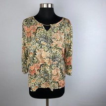 Chicos Womens 2 = L 12 Bohemian Artsy Print Orange green Keyhole Front Top - £12.22 GBP