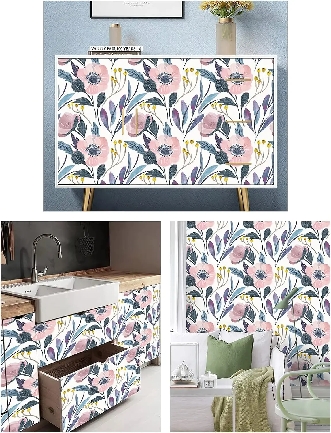 1 Roll Floral Peel and Stick Wallpaper Removable Pink/Blue/Yellow Vinyl Self Adh - £18.68 GBP