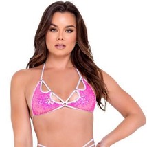 Sequin Halter Bikini Top Cut Out Cups O Rings Metallic Trim Hot Pink Silver 6094 - £30.83 GBP