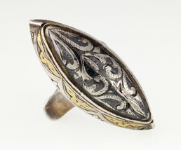 Silver Afghan Almond Shaped Plaque Ring with Brass and Niello Accents Size 6.5 - $1,781.99