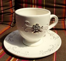 White Cup and Saucer Set with rhinestones jewel decorations - $15.79