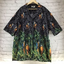 Pacific Legend Hawaiian Shirt Black Gray Parrots Jungle Foliage Button Down - £27.36 GBP