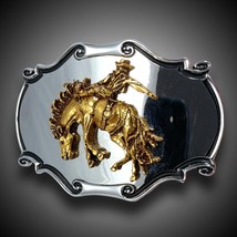 Vintage Belt Buckle 1980 Mirror-Like Silver Color Western Cowboy Gold Color - £43.75 GBP