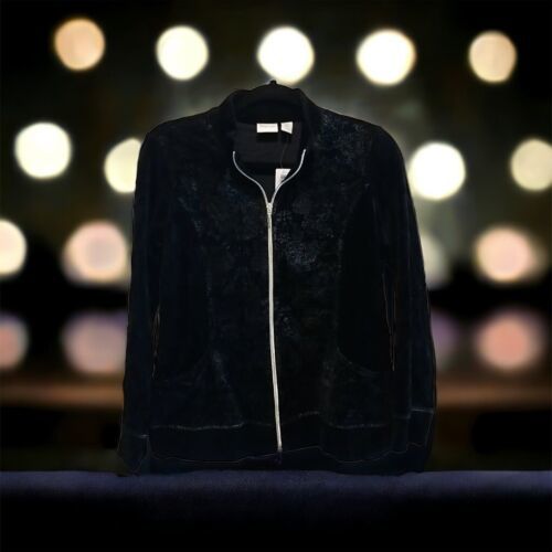 CHICO&#39;S Zenergy Black Velour Velvet Foil Print Jacket Top Size 0/Small C... - $34.64