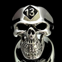 Sterling silver Biker ring Grinning Skull with 13 symbol high polished and antiq - £78.45 GBP