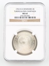 1953-H NS Denmark 2 Kroner Silver Coin MS-64 NGC Greenland Tuberculosis KM-844 - £143.28 GBP