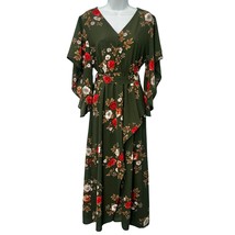 Simplee Olive Green White Red Button Floral Bell Sleeve Boho Maxi Dress ... - $361.92 MXN