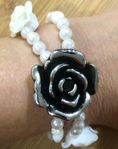  Silver Rose Cultured Pearl 2 Strand Layered Handmade Bracelet Stretch - £31.45 GBP