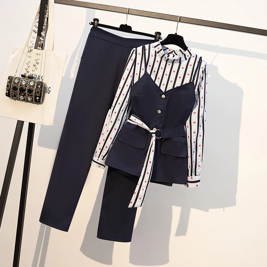 Big size Minimalism Fall Suit Women Elegant Striped Blazer Jacket  Waist Pants O - £116.13 GBP