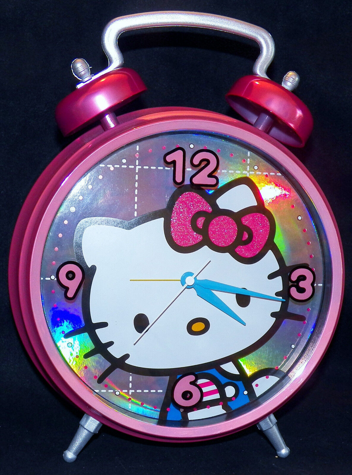 Hello Kitty Jumbo 10 inch Dia Metallic Pink Hologram Face Twin Bell Alarm Clock - $18.99