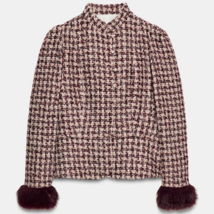 ZARA BNWT 2026. BUEGUNDY ECRU STRUCTURED TWEED BLAZER FAUX FUR CUFFS. 22... - $135.23