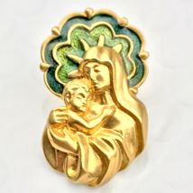 Mother Mary Baby Jesus Pin Gold Tone Green Enamel Vintage Brooch By Avon - $9.95