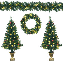 Costway 4pcs Pre-lit Christmas Decoration Set w/Entrance Trees &amp;Garland ... - £160.60 GBP