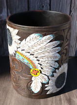 Western American Indian Chief Headdress Eagle Feathers Waste Basket Trash Bin - £41.69 GBP