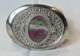 Vtg Western Style Belt Buckle Silvertone And Polished Flat Multicolor Stone - £23.61 GBP