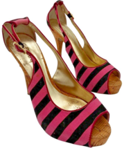 guess hondola women&#39;s pink/black stripe peep toe platform cork heels siz... - $258.91 MXN
