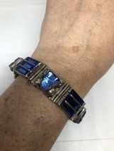 Vintage Blue Glass Bracelet Sterling Silver Link Chain 7.5 Inch Cuff Statement - £110.96 GBP