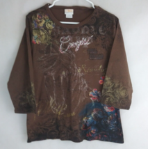 Artisan Women&#39;s Brown Floral Beaded Shirt With Saddle Up Cowgirl Design ... - $14.54