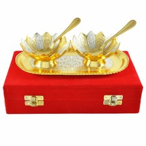 Metal Floral Bowl Set 2 Bowl 2 Spoon, 1 Tray, Silver And Gold Gift Set - £12.52 GBP