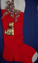 Vintage Homemade Knitted Red Christmas Stocking with Bear Ornament &amp; Goose Bow - £5.53 GBP