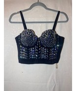 Vintage 1980&#39;s Lydia USA Black SZ M Gem Embellished Bustier Bra Top Q1 - $27.06 CAD