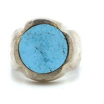 Vintage Sterling Signed 925 Mexico Round Turquoise Stone Designer Dome Ring sz 9 - £67.26 GBP
