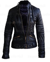 New Handmade Woman&#39;s Full Black Brando Padded Genuine Cowhide Leather Ja... - $167.39+