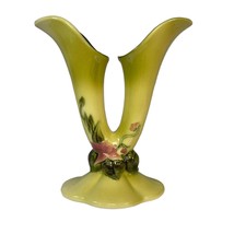 Vintage Hull Pottery Woodland Double Bud Vase Green w/ Pink Floral W-15 8 1/2&quot; - £41.29 GBP