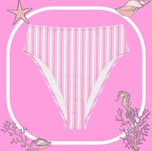 Nwt L Pink Victoria&#39;s Secret Pink White Stripe HIGH-WAIST Cheeky Bikini Bottom - £15.84 GBP