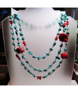 Blue Turquoise Red Coral Nugget 3 Strand Adjustable Length Western Necklace - £46.74 GBP